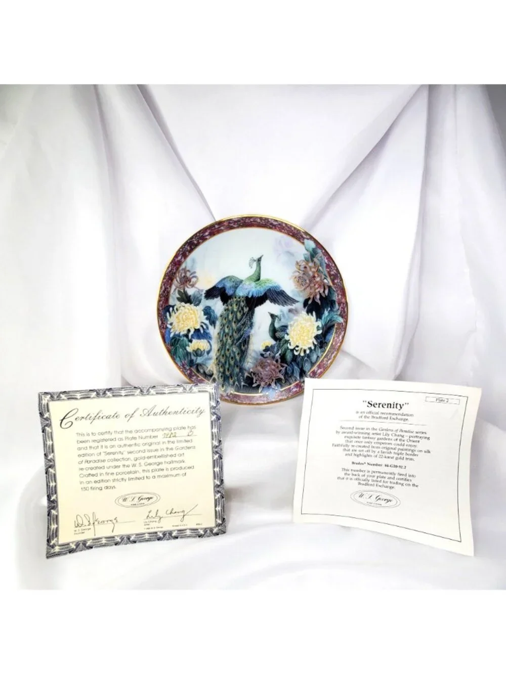 Serenity By Lily Chang Gardens Of Paradise Plate Peacocks Chrysanthemum 1992 COA - Picture 2 of 12